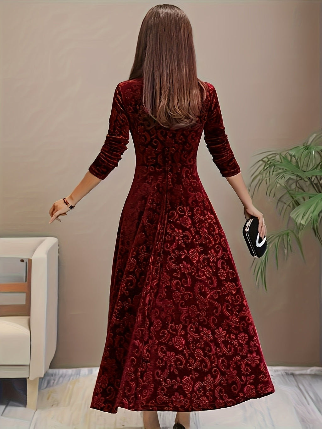 Charlotte | Women's Square-Neck Midi Dress | Floral Embossed · Eltrendio