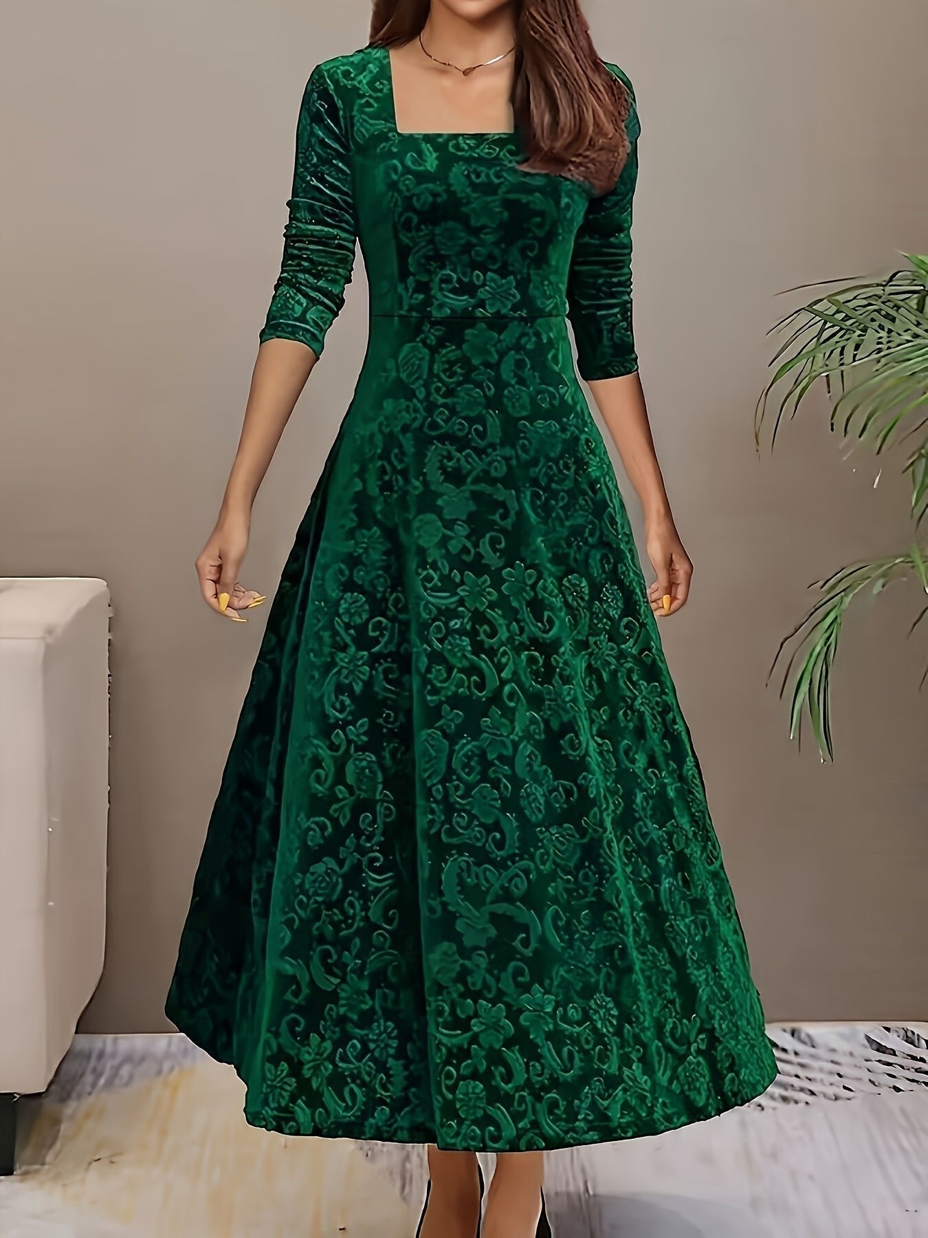 Charlotte | Women's Square-Neck Midi Dress | Floral Embossed · Eltrendio