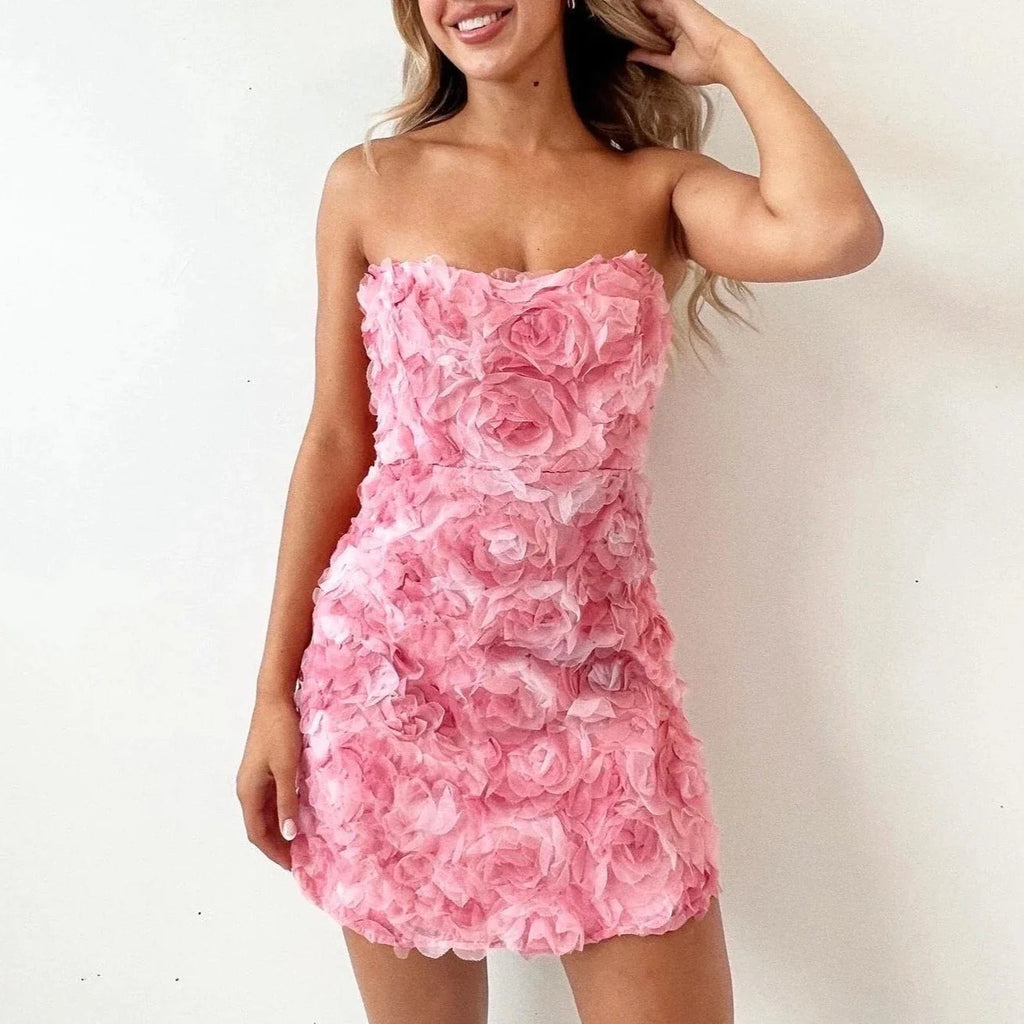 Mia | Women's Strapless Mini Party Dress | Rosette Appliqué · Eltrendio