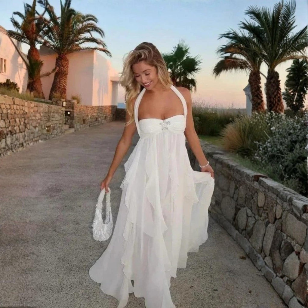 Florence | Women’s Halter Neck Maxi Dress | Twist Front Layered Hem Occasion Wear-Women Dress-Eltrendio