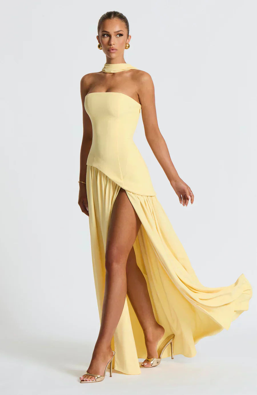 Florence | Women's Strapless Maxi Dress | High Split Draped Panel Anniversary Celebration-Women Dress-Eltrendio
