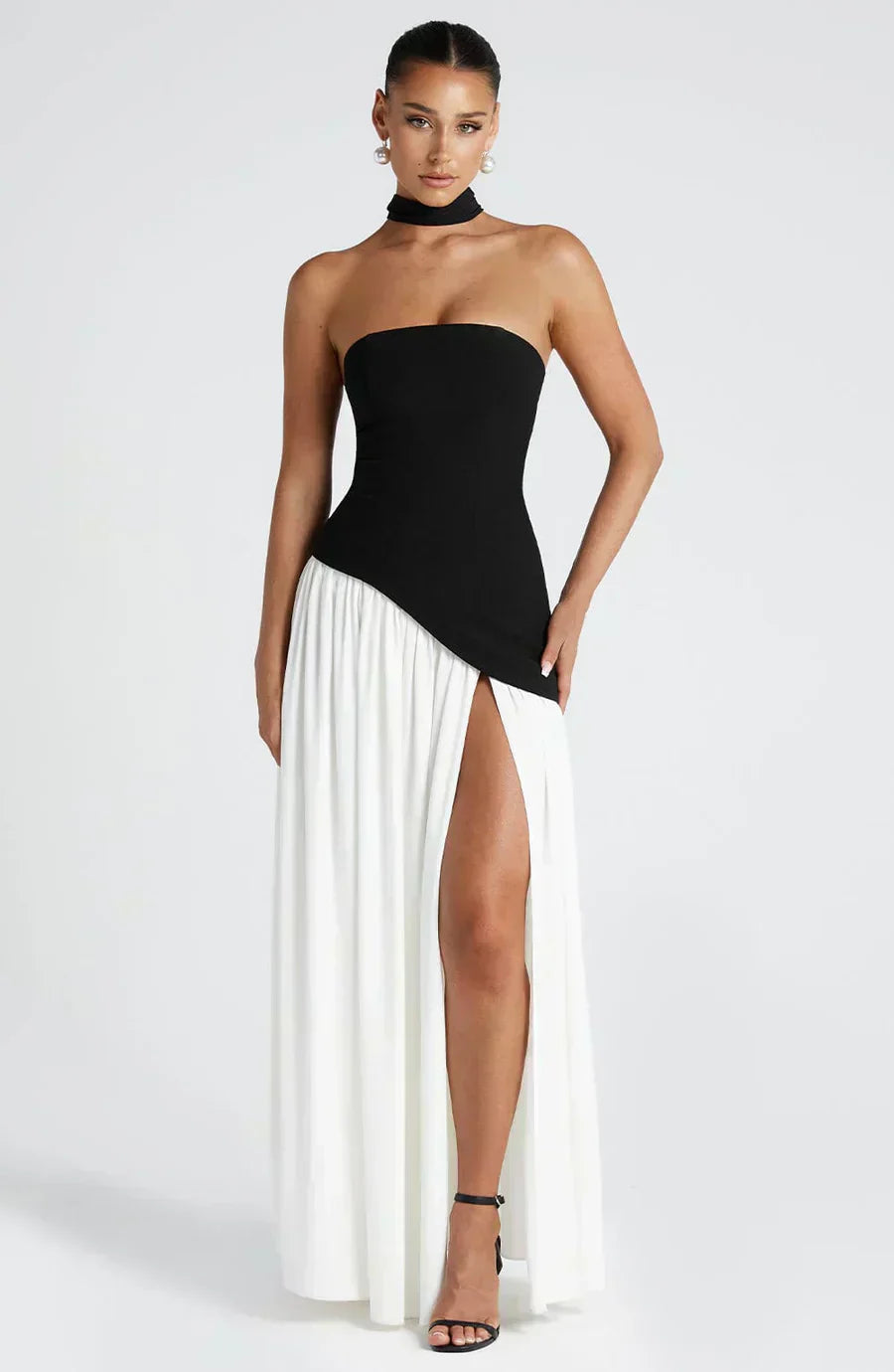 Florence | Women's Strapless Maxi Dress | High Split Draped Panel Anniversary Celebration-Women Dress-Eltrendio