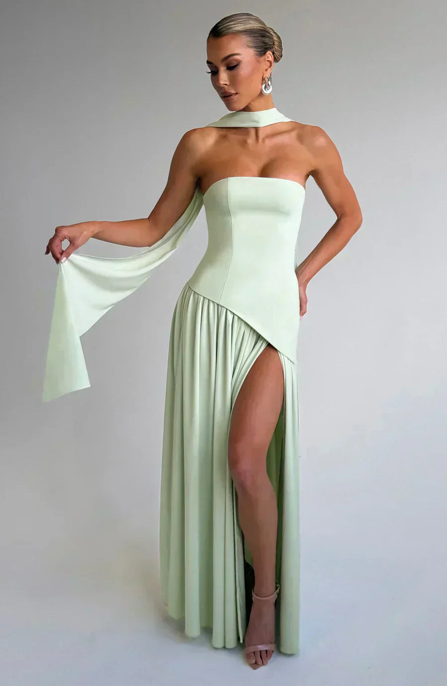 Florence | Women's Strapless Maxi Dress | High Split Draped Panel Anniversary Celebration-Women Dress-Eltrendio