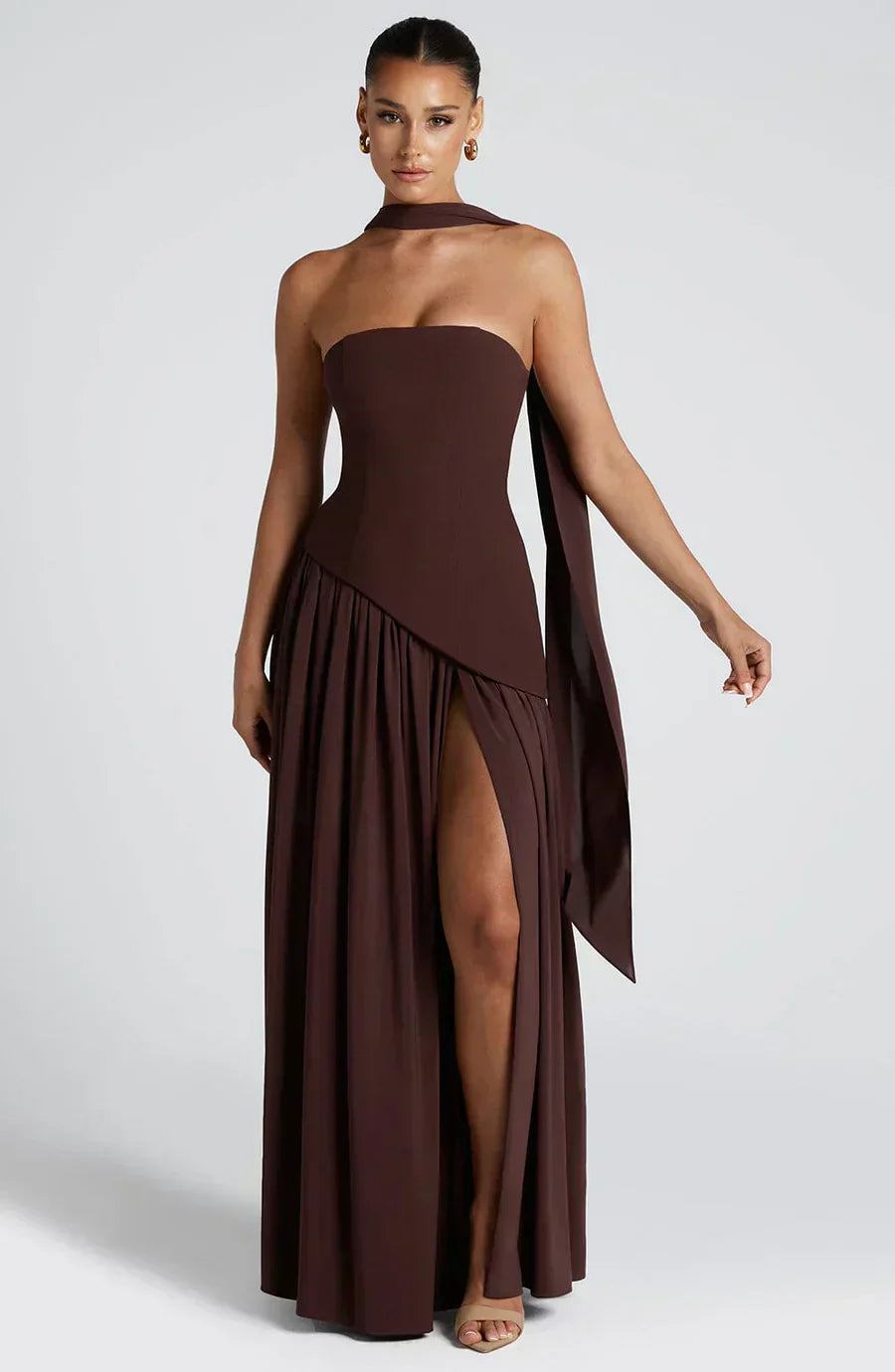 Florence | Women's Strapless Maxi Dress | High Split Draped Panel Anniversary Celebration-Women Dress-Eltrendio
