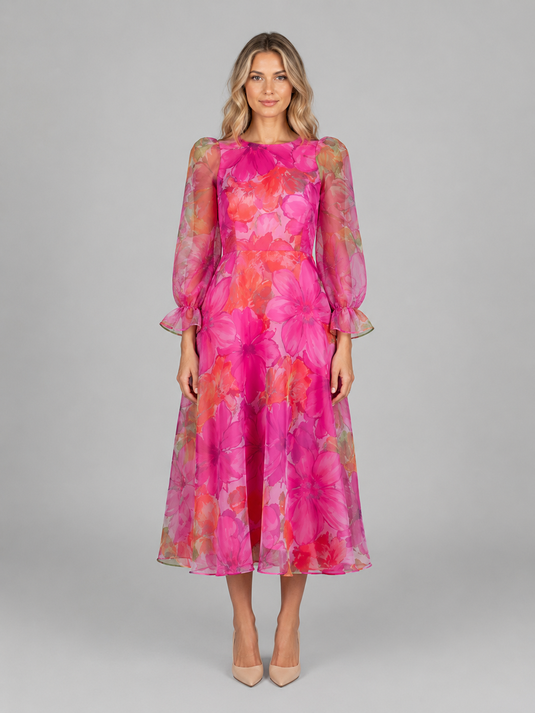 Genevieve | Women’s Midi Dress | Floral Print Puff Sleeve Wedding Guest