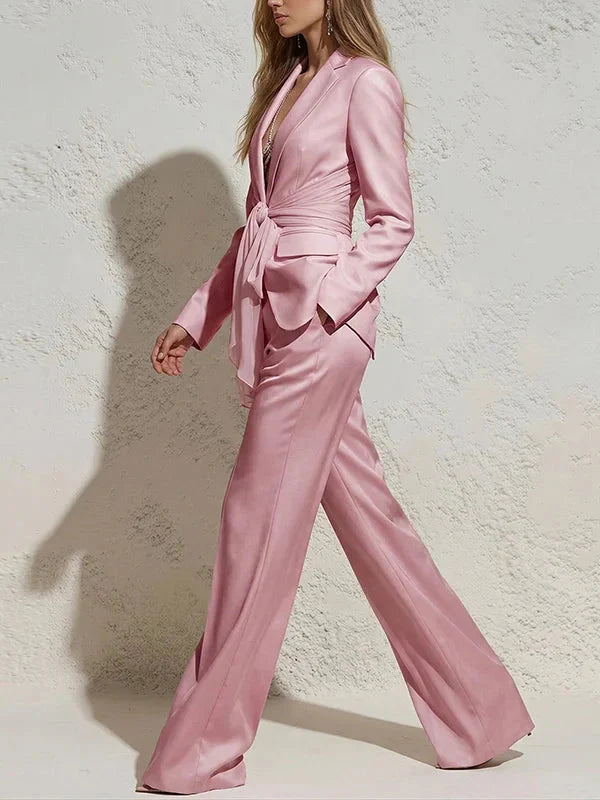 Blush | Satin Tie-Waist Blazer Wide-Leg Trouser Set - Image 3