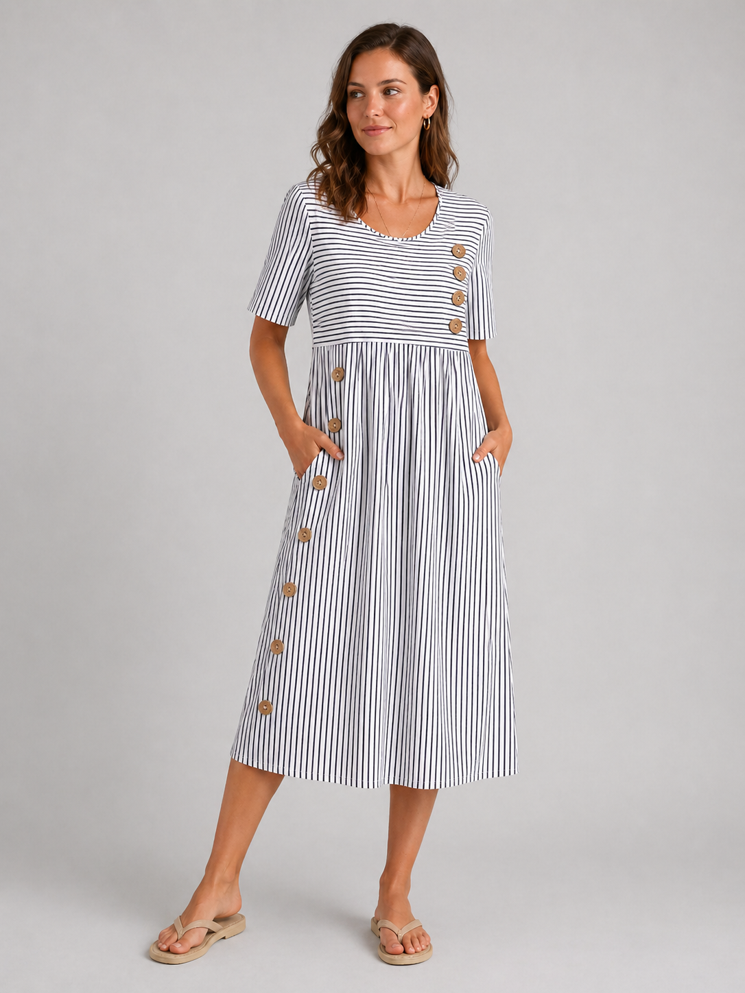 Women's Flattering Striped Midi Dress – Button Detail Fit - Image 4