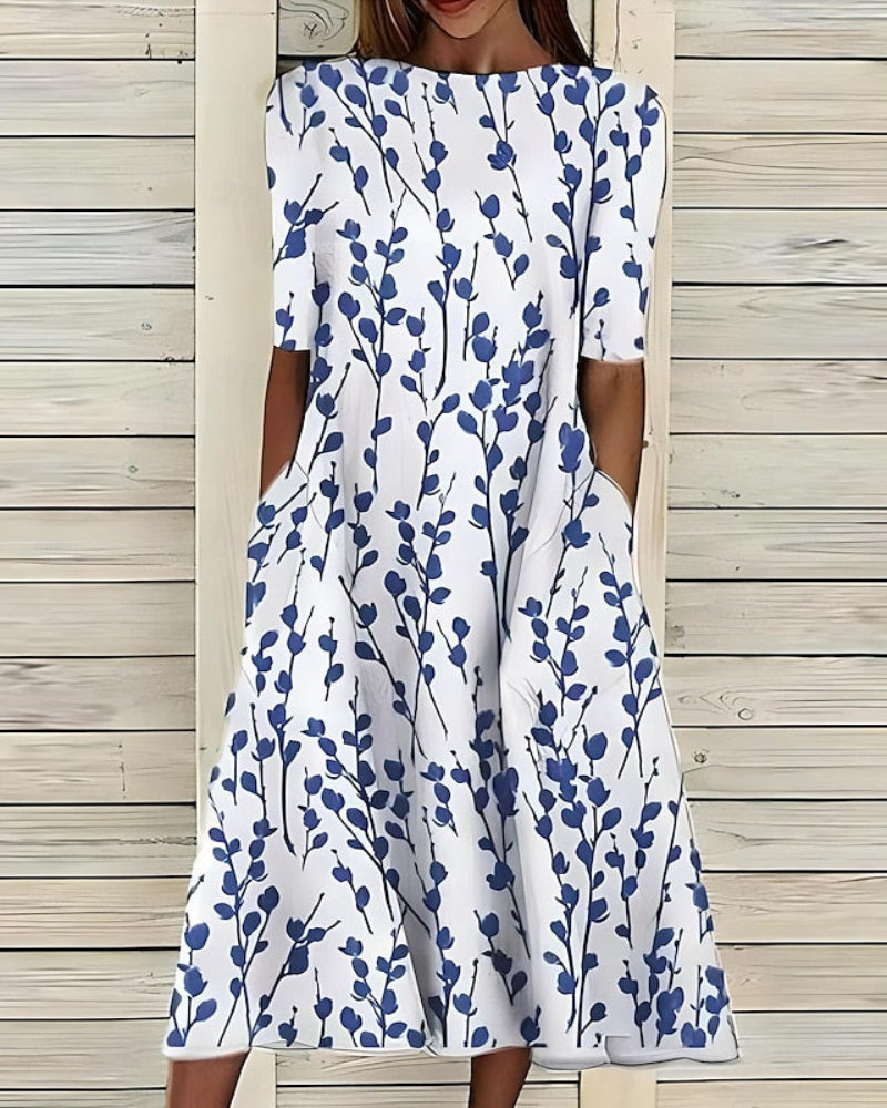 Hazel | Women's Floral Print Midi Dress | Half Sleeve Side Pockets