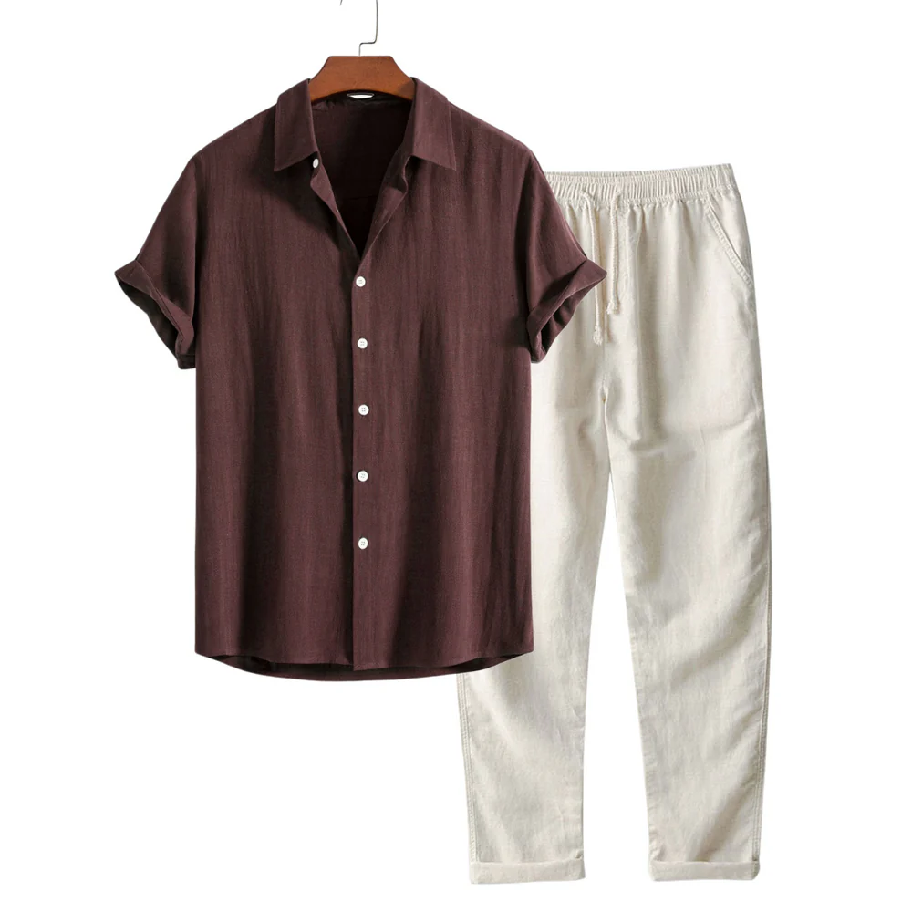 Harbourview | Men’s Short Sleeve Shirt and Trousers Set | Button Front Drawstring Casual Wear-Men Outfit Set-Eltrendio