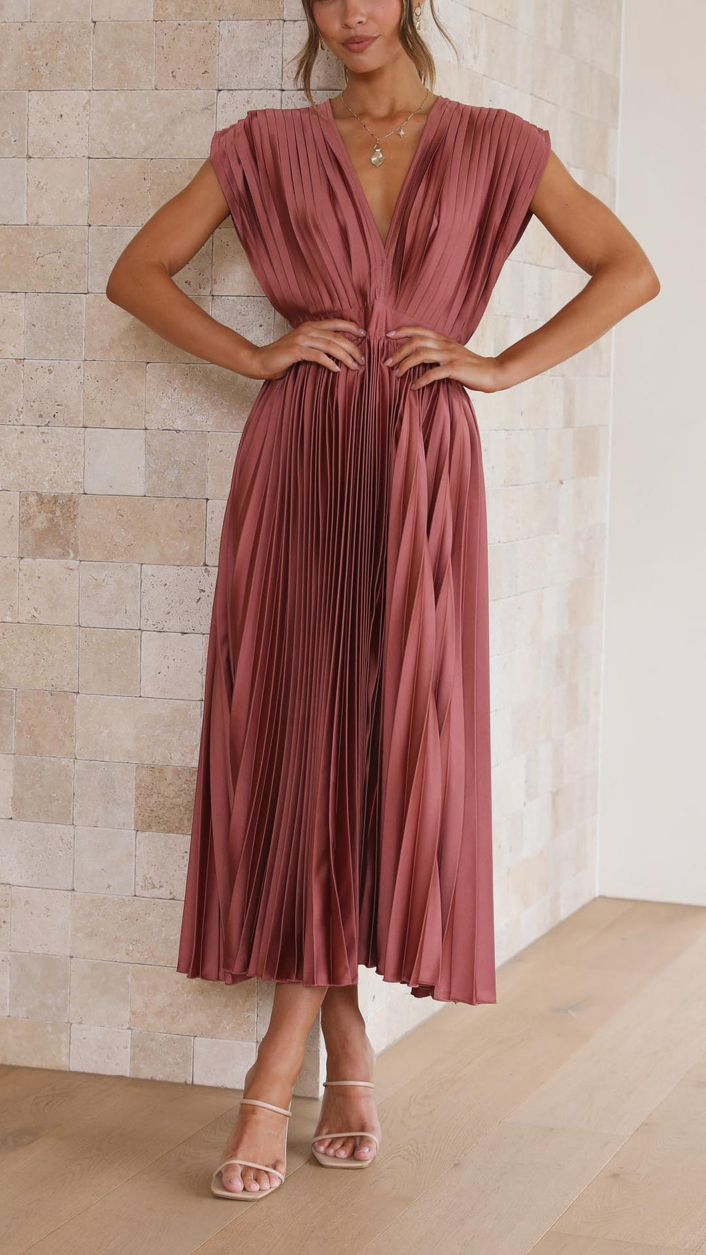 Charlotte | Women's Pleated V Neck Midi Wedding Guest Dress