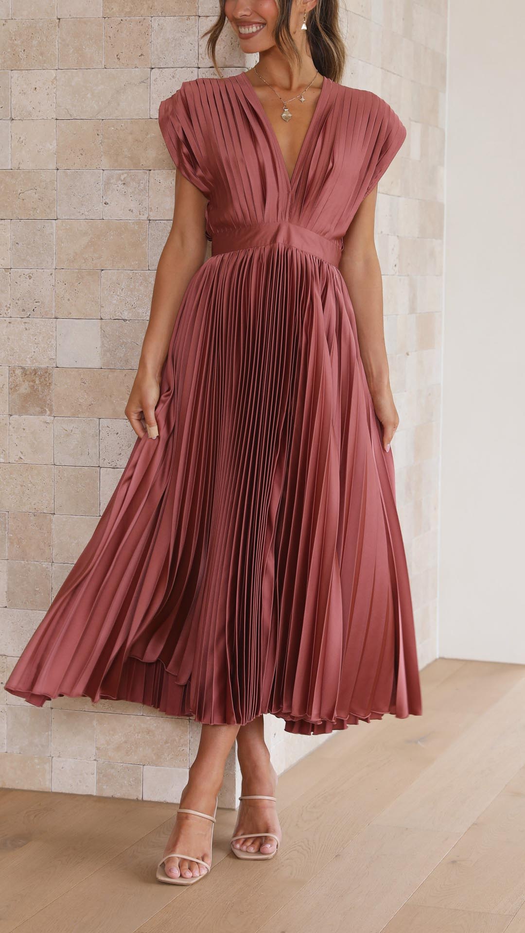 Charlotte | Women's Pleated V Neck Midi Wedding Guest Dress - Image 2