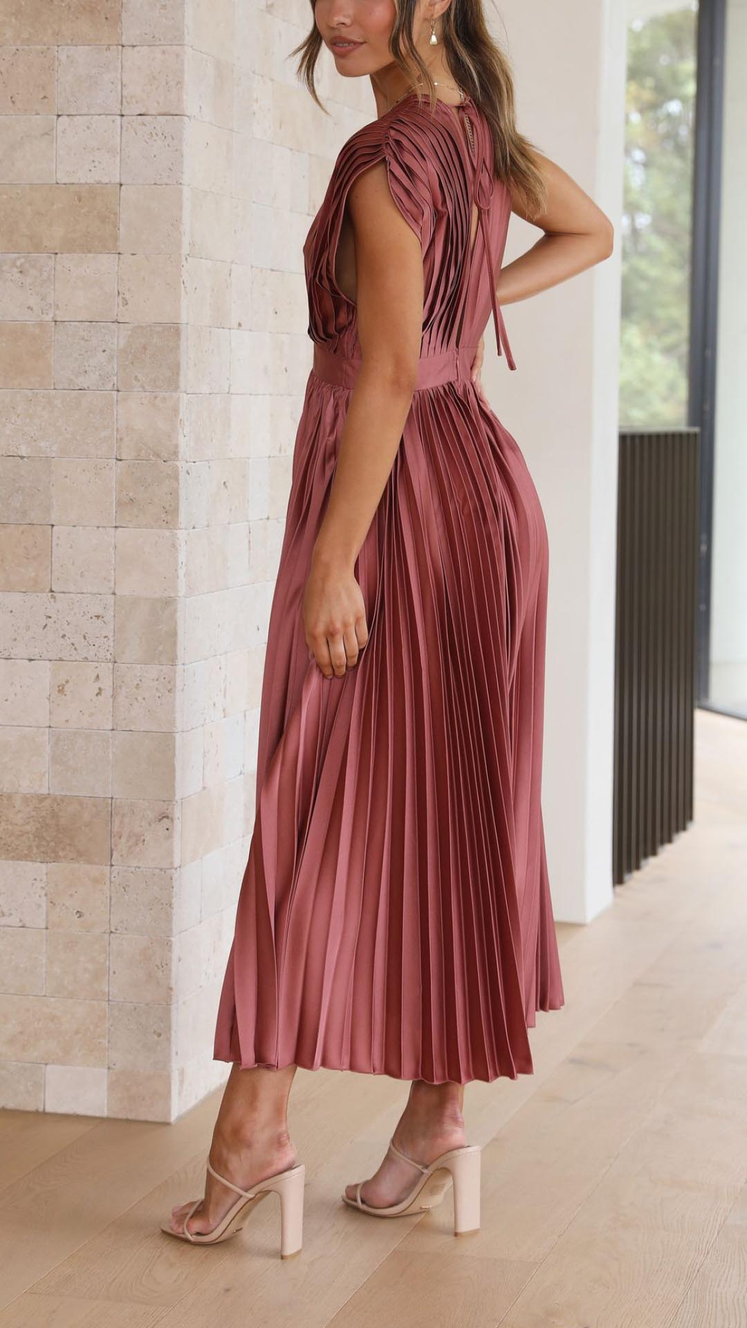 Charlotte | Women's Pleated V Neck Midi Wedding Guest Dress - Image 3
