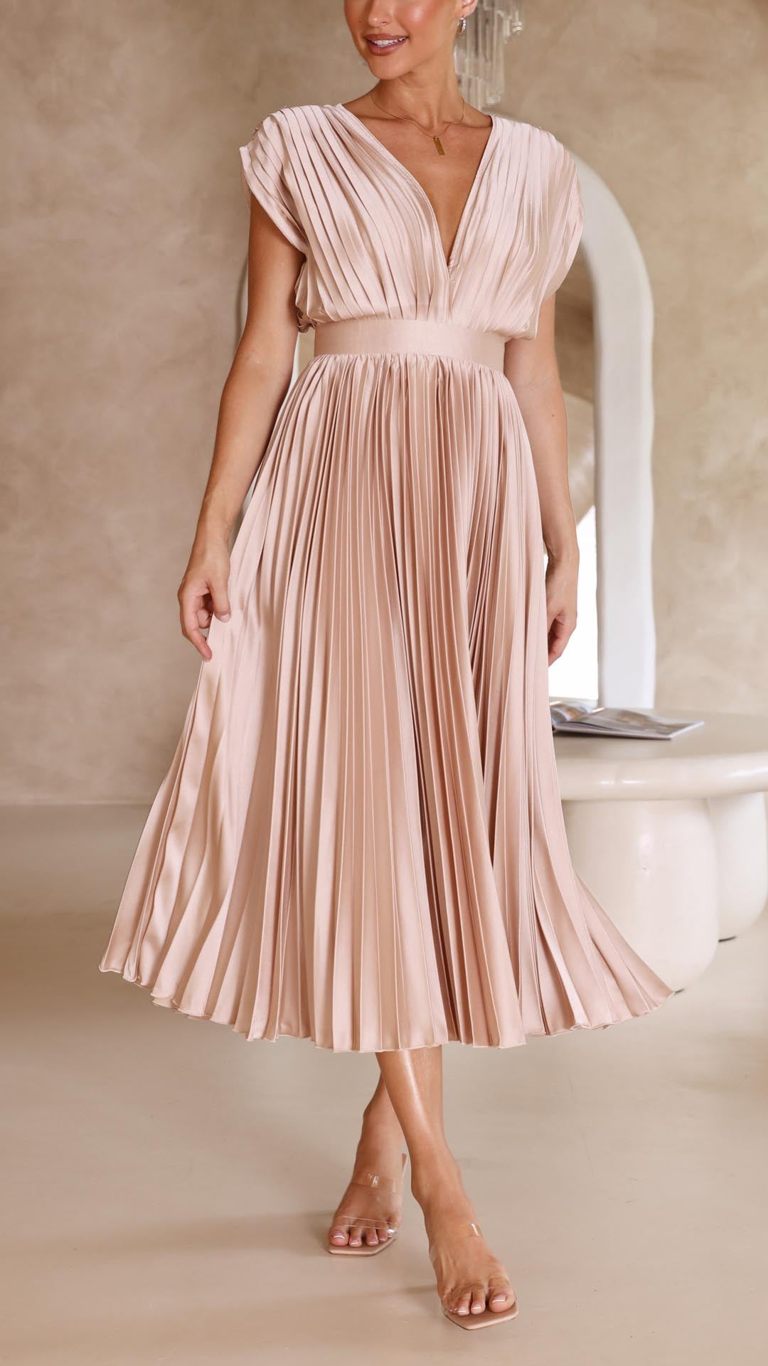 Charlotte | Women's Pleated V Neck Midi Wedding Guest Dress - Image 7