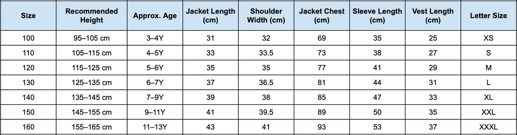 Size chart for children's jackets with measurements in centimeters