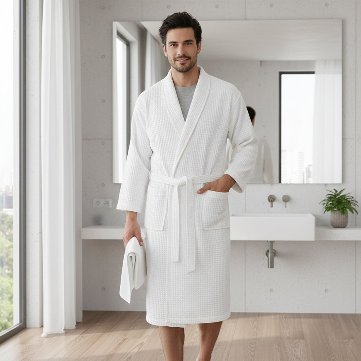 Briarstone | Men’s Belted Waffle Bathrobe | Shawl Collar Patch Pockets Home Wear-Men Bathrobe-Eltrendio