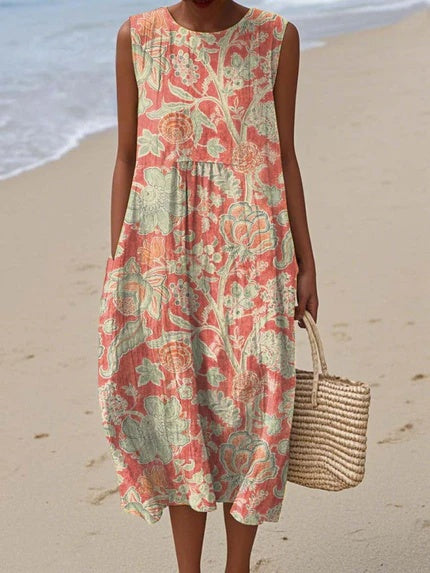 Lydia | Women's Floral Print Midi Dress | Loose Fit Round Neck