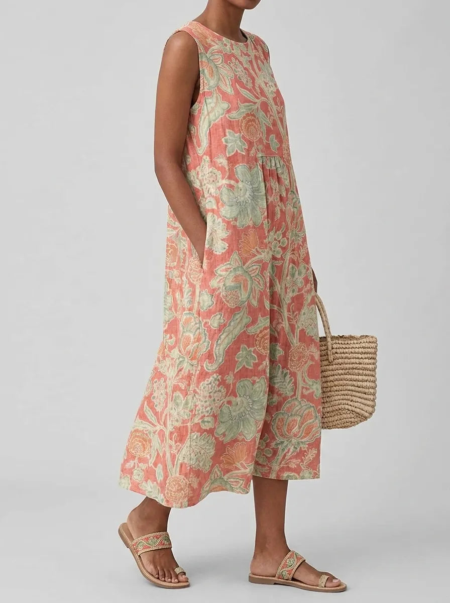 Lydia | Women's Floral Print Midi Dress | Loose Fit Round Neck-Women Dress-Eltrendio