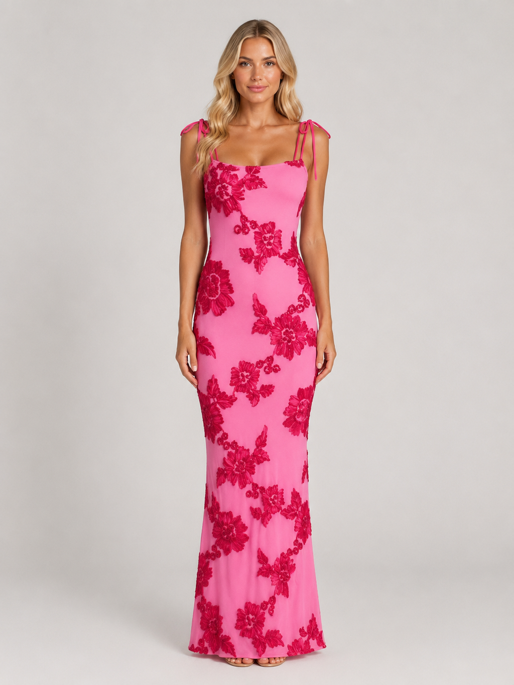 Madeline | Women’s Maxi Dress | Floral Appliqué Tie Strap Wedding Guest