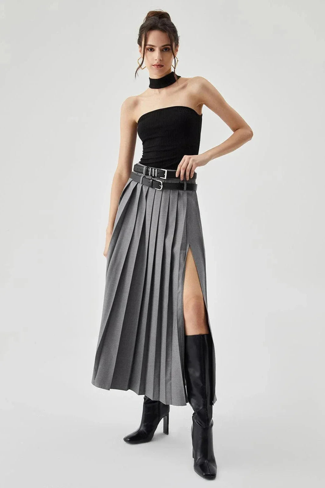Margot | Women’s Pleated Maxi Skirt | High Waist Belted Evening Wear-Women Skirt-Eltrendio