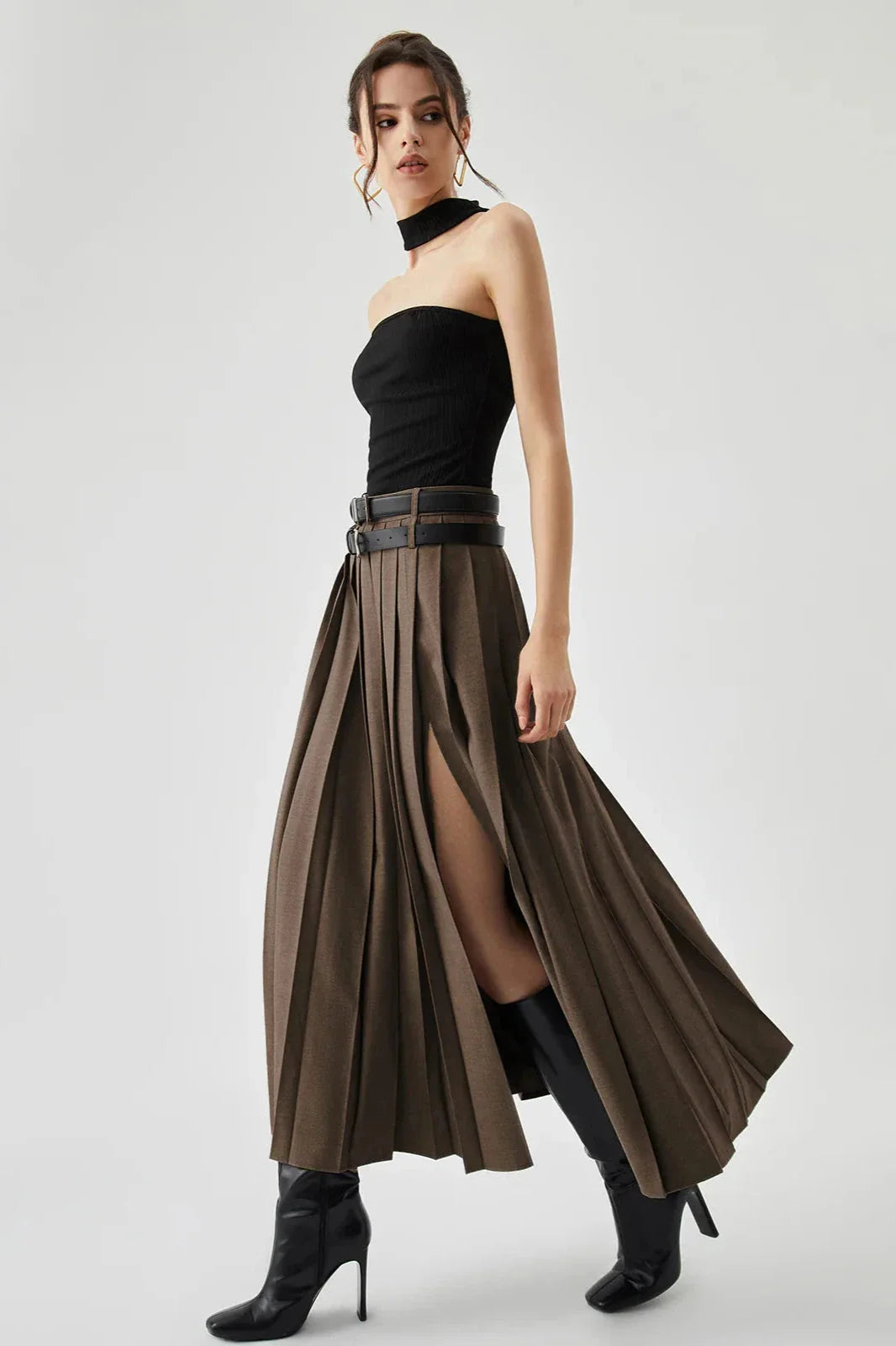 Margot | Women’s Pleated Maxi Skirt | High Waist Belted Evening Wear-Women Skirt-Eltrendio