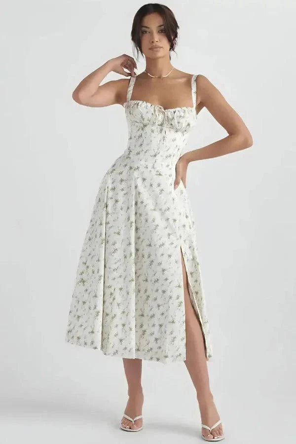 Meadowbrook | Women’s Floral Midi Dress | Shoulder Straps Gathered Bodice Wedding Guest Dress-Women Dress-Eltrendio