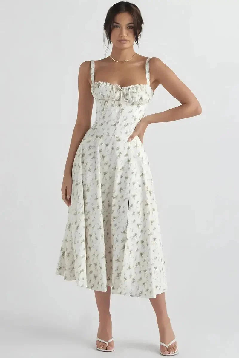 Meadowbrook | Women’s Floral Midi Dress | Shoulder Straps Gathered Bodice Wedding Guest Dress-Women Dress-Eltrendio