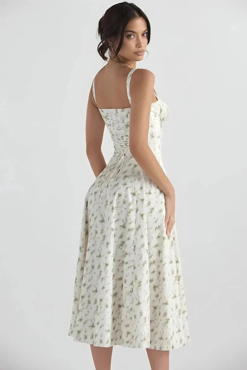 Meadowbrook | Women’s Floral Midi Dress | Shoulder Straps Gathered Bodice Wedding Guest Dress-Women Dress-Eltrendio