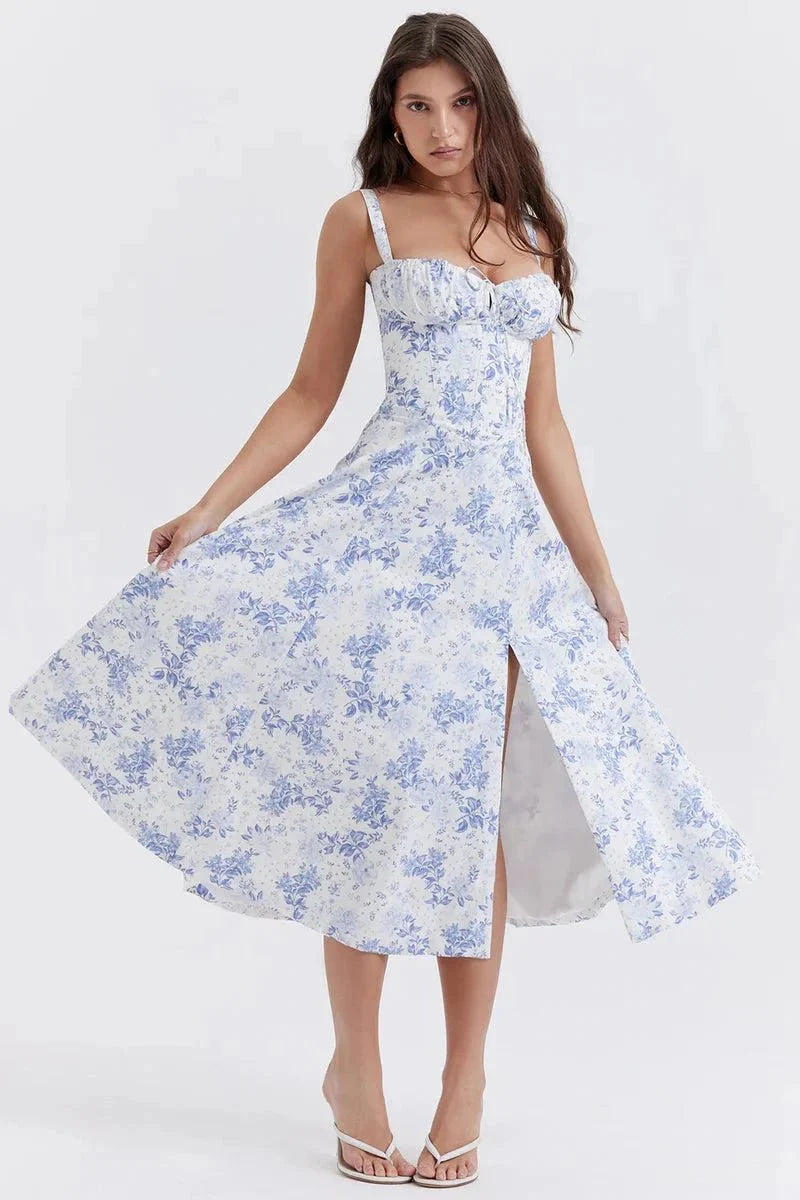Meadowbrook | Women’s Floral Midi Dress | Shoulder Straps Gathered Bodice Wedding Guest Dress-Women Dress-Eltrendio