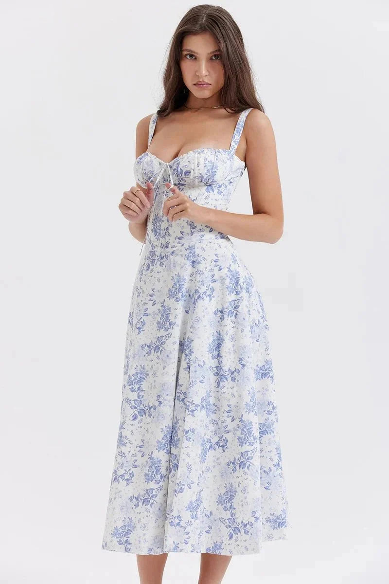 Meadowbrook | Women’s Floral Midi Dress | Shoulder Straps Gathered Bodice Wedding Guest Dress-Women Dress-Eltrendio