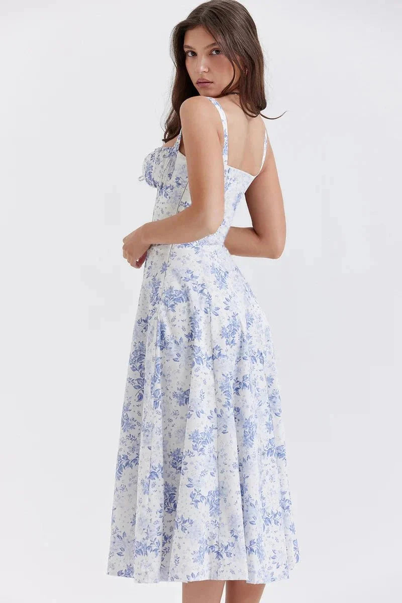 Meadowbrook | Women’s Floral Midi Dress | Shoulder Straps Gathered Bodice Wedding Guest Dress-Women Dress-Eltrendio