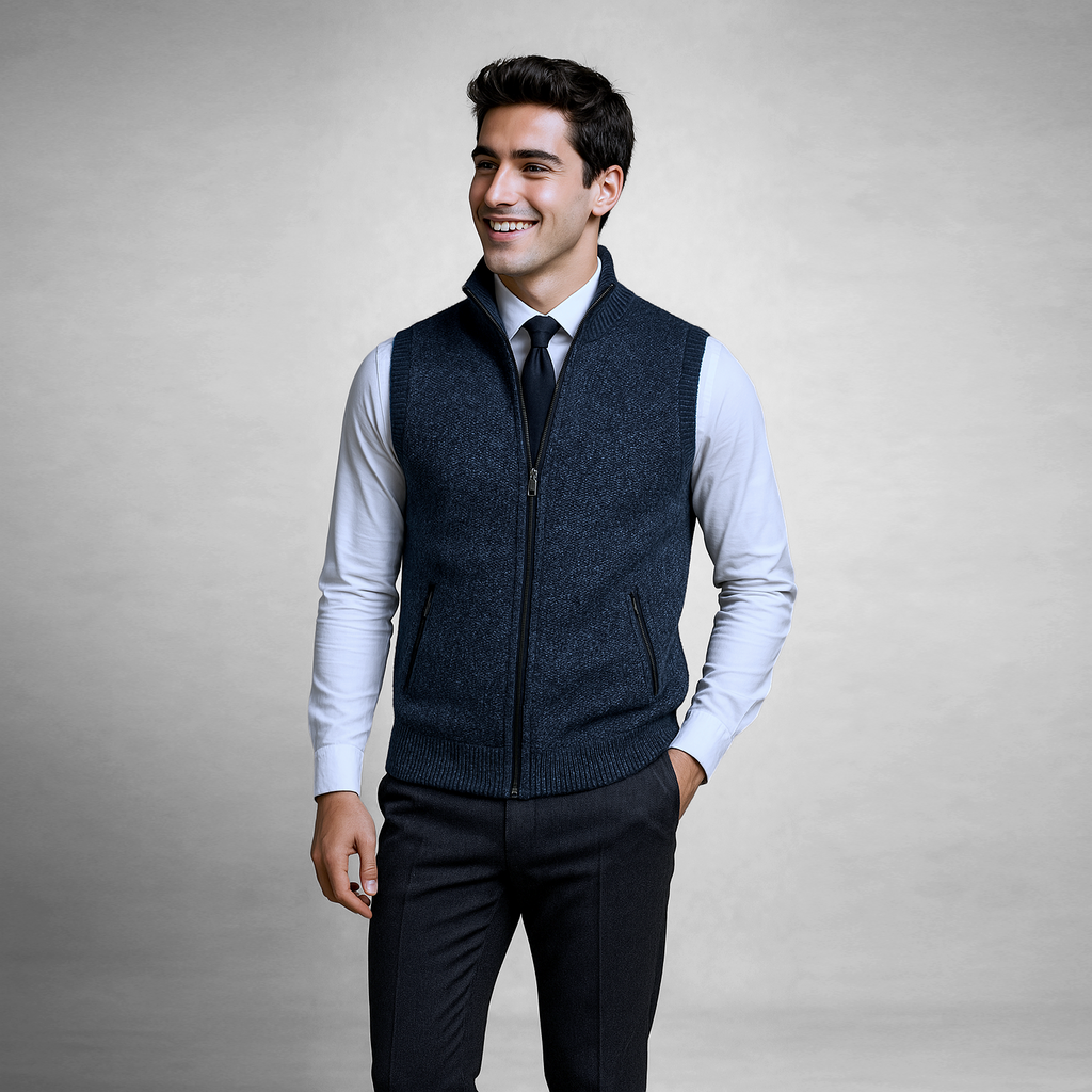 Oakridge | Men’s Zip Front Sweater Vest | Stand Collar Sleeveless Layering Wear-Men Vest-Eltrendio