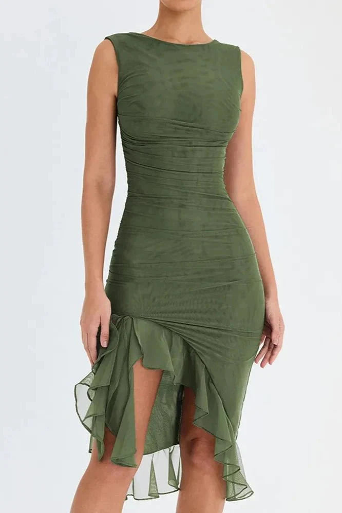 Olivia | Women’s Sleeveless Midi Dress | Ruched Detail Asymmetrical Hem Wedding Guest Dress-Women Dress-Eltrendio