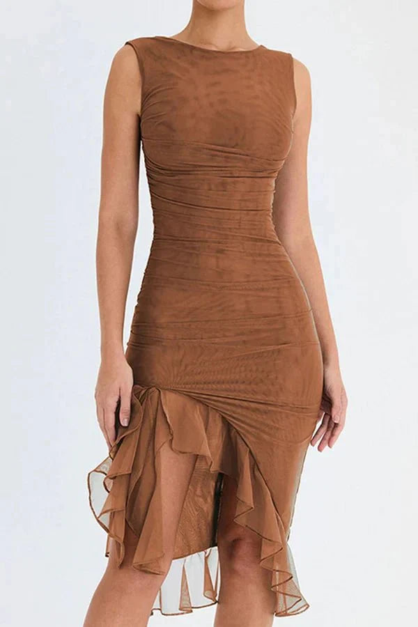 Olivia | Women’s Sleeveless Midi Dress | Ruched Detail Asymmetrical Hem Wedding Guest Dress-Women Dress-Eltrendio