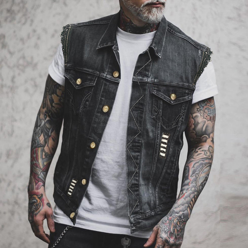 Riverside | Men’s Sleeveless Denim Vest | Button Front Distressed Detail Casual Wear-Men Vest-Eltrendio