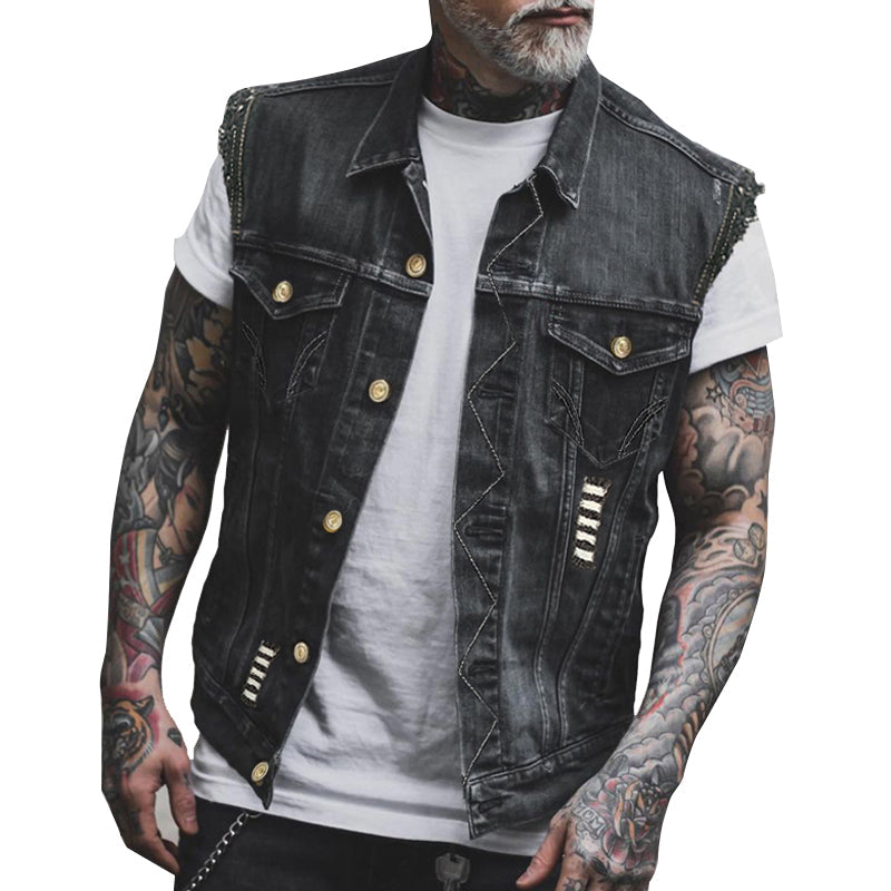 Riverside | Men’s Sleeveless Denim Vest | Button Front Distressed Detail Casual Wear-Men Vest-Eltrendio