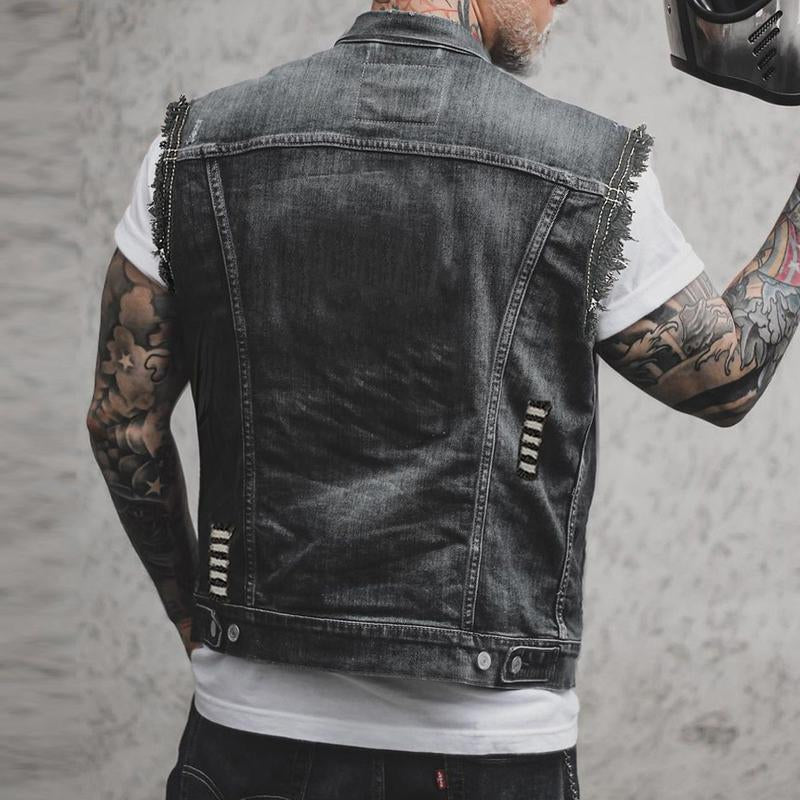 Riverside | Men’s Sleeveless Denim Vest | Button Front Distressed Detail Casual Wear-Men Vest-Eltrendio