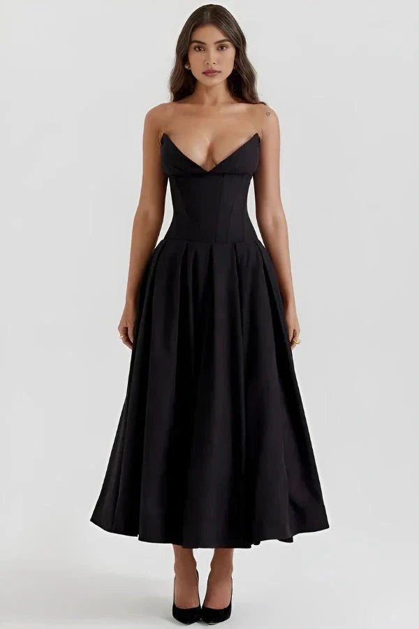 Rose | Women’s Strapless Midi Dress | Sweetheart Neckline Pleated Skirt Evening Dress-Women Dress-Eltrendio