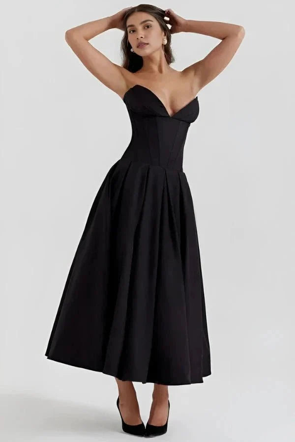 Rose | Women’s Strapless Midi Dress | Sweetheart Neckline Pleated Skirt Evening Dress-Women Dress-Eltrendio
