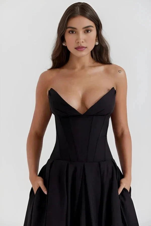 Rose | Women’s Strapless Midi Dress | Sweetheart Neckline Pleated Skirt Evening Dress-Women Dress-Eltrendio