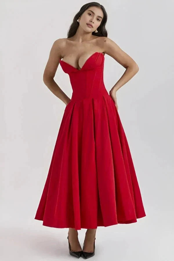 Rose | Women’s Strapless Midi Dress | Sweetheart Neckline Pleated Skirt Evening Dress-Women Dress-Eltrendio