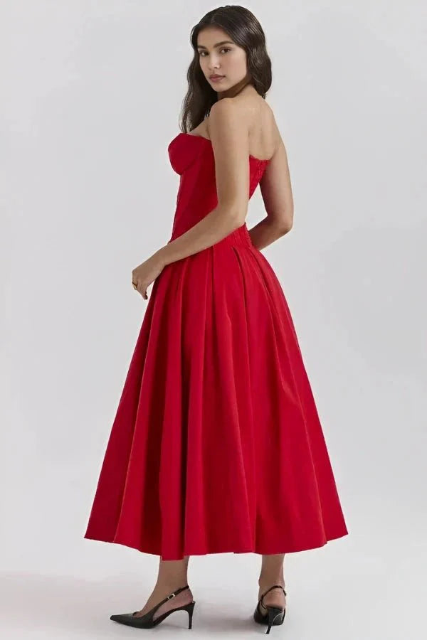 Rose | Women’s Strapless Midi Dress | Sweetheart Neckline Pleated Skirt Evening Dress-Women Dress-Eltrendio