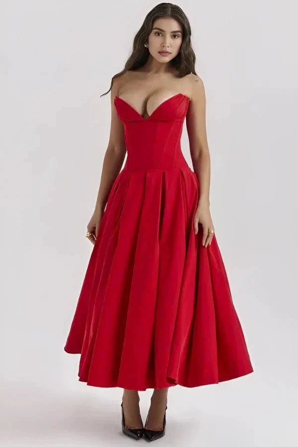 Rose | Women’s Strapless Midi Dress | Sweetheart Neckline Pleated Skirt Evening Dress-Women Dress-Eltrendio