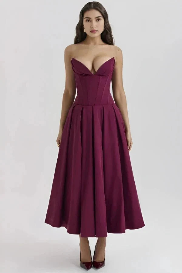 Rose | Women’s Strapless Midi Dress | Sweetheart Neckline Pleated Skirt Evening Dress-Women Dress-Eltrendio