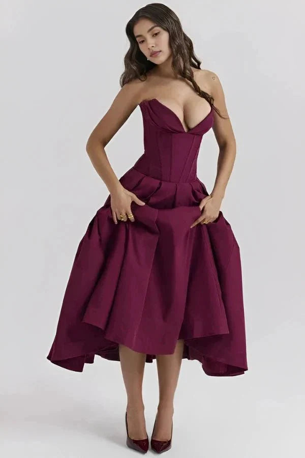 Rose | Women’s Strapless Midi Dress | Sweetheart Neckline Pleated Skirt Evening Dress-Women Dress-Eltrendio