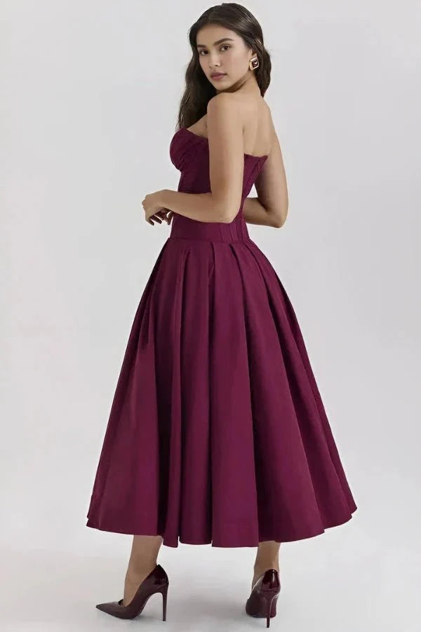 Rose | Women’s Strapless Midi Dress | Sweetheart Neckline Pleated Skirt Evening Dress-Women Dress-Eltrendio