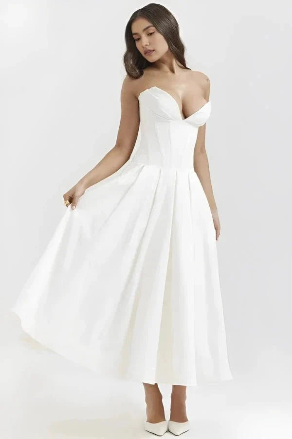 Rose | Women’s Strapless Midi Dress | Sweetheart Neckline Pleated Skirt Evening Dress-Women Dress-Eltrendio