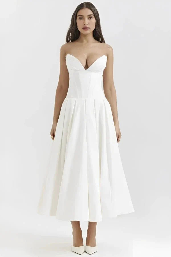 Rose | Women’s Strapless Midi Dress | Sweetheart Neckline Pleated Skirt Evening Dress-Women Dress-Eltrendio