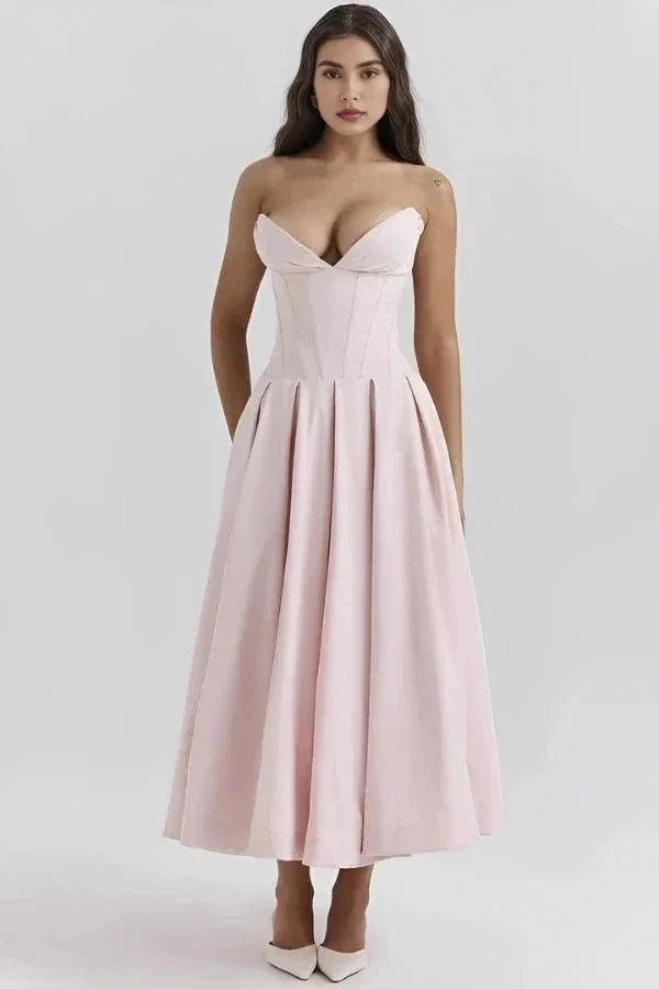 Rose | Women’s Strapless Midi Dress | Sweetheart Neckline Pleated Skirt Evening Dress-Women Dress-Eltrendio
