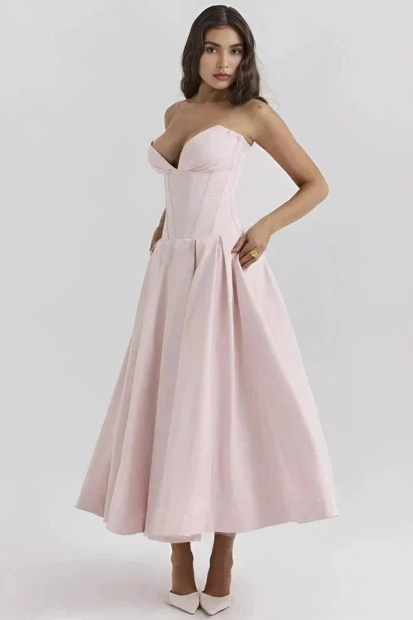 Rose | Women’s Strapless Midi Dress | Sweetheart Neckline Pleated Skirt Evening Dress-Women Dress-Eltrendio