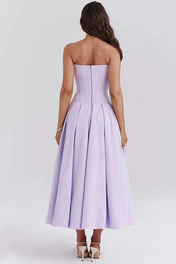 Rose | Women’s Strapless Midi Dress | Sweetheart Neckline Pleated Skirt Evening Dress-Women Dress-Eltrendio